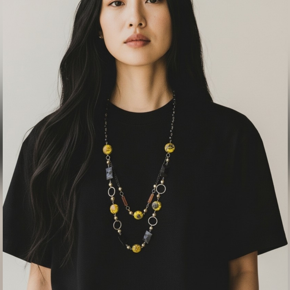 Black and Yellow Multi-Strand Beaded Necklace